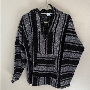 Unisex Hooded Black and Gray Striped Mexican Poncho